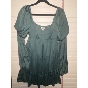 &merci Forest Green Satin Puff Sleeve Babydoll Dress Sweetheart Ruffle Hem Med